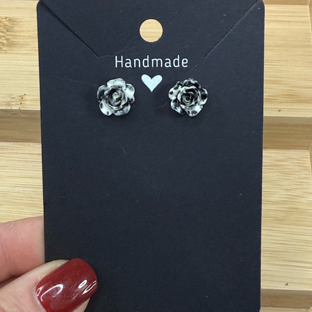 Handmade Black and White Rose Earrings